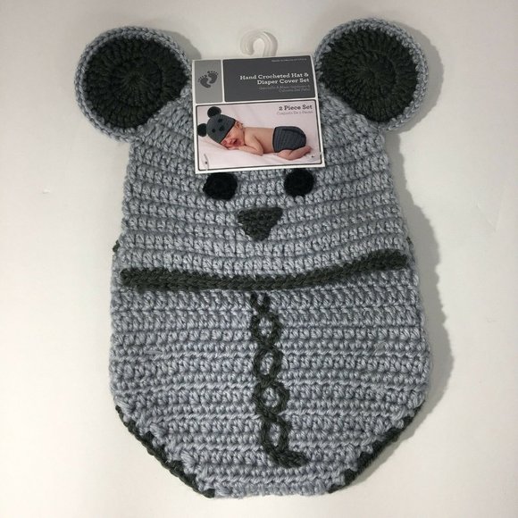 Hand Crocheted Hat And Diaper Cover Mouse Sz 0-9 Months Infant Baby Photo New - Picture 5 of 12